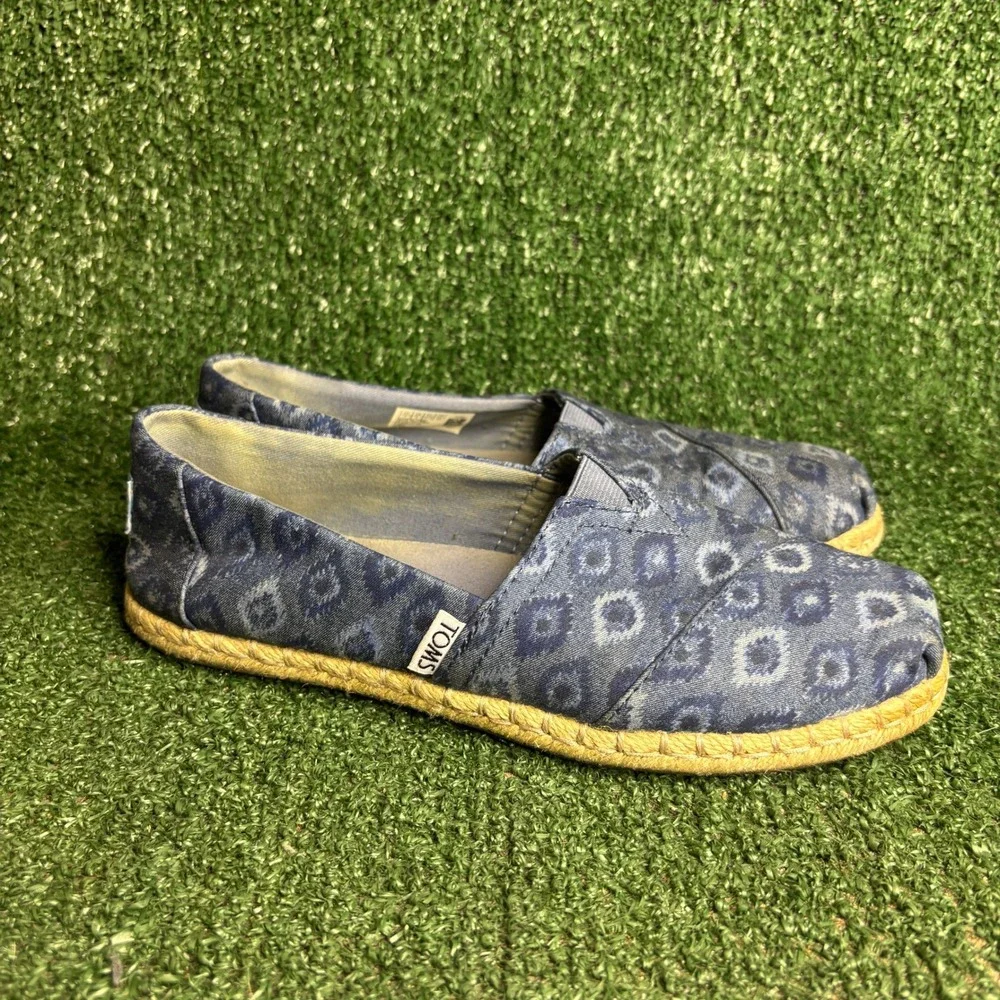 TOMS Alpargata Rope Espadrille Ikat Print Boho Slip On Flat Shoe Blue Womens 7